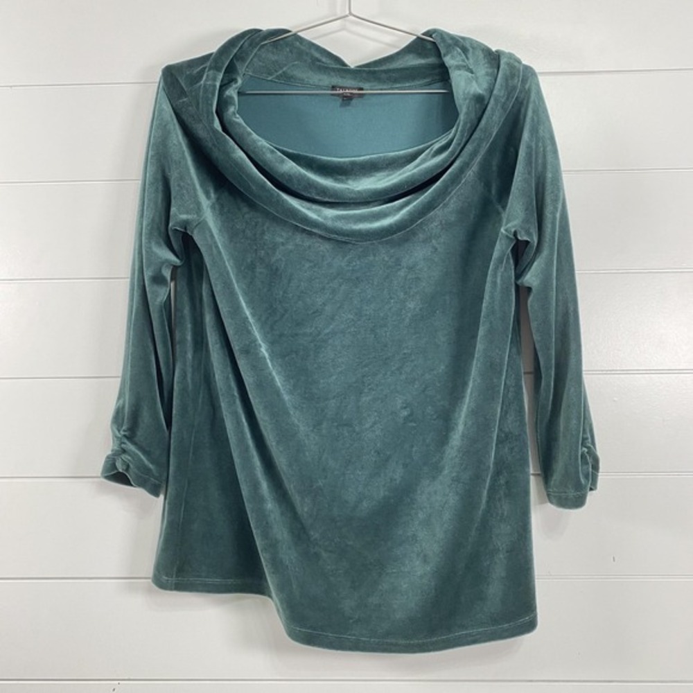 Talbots‎ Sweater Womens Medium Petite Teal Cowl Neck Velour Pullover 3/4 Sleeve